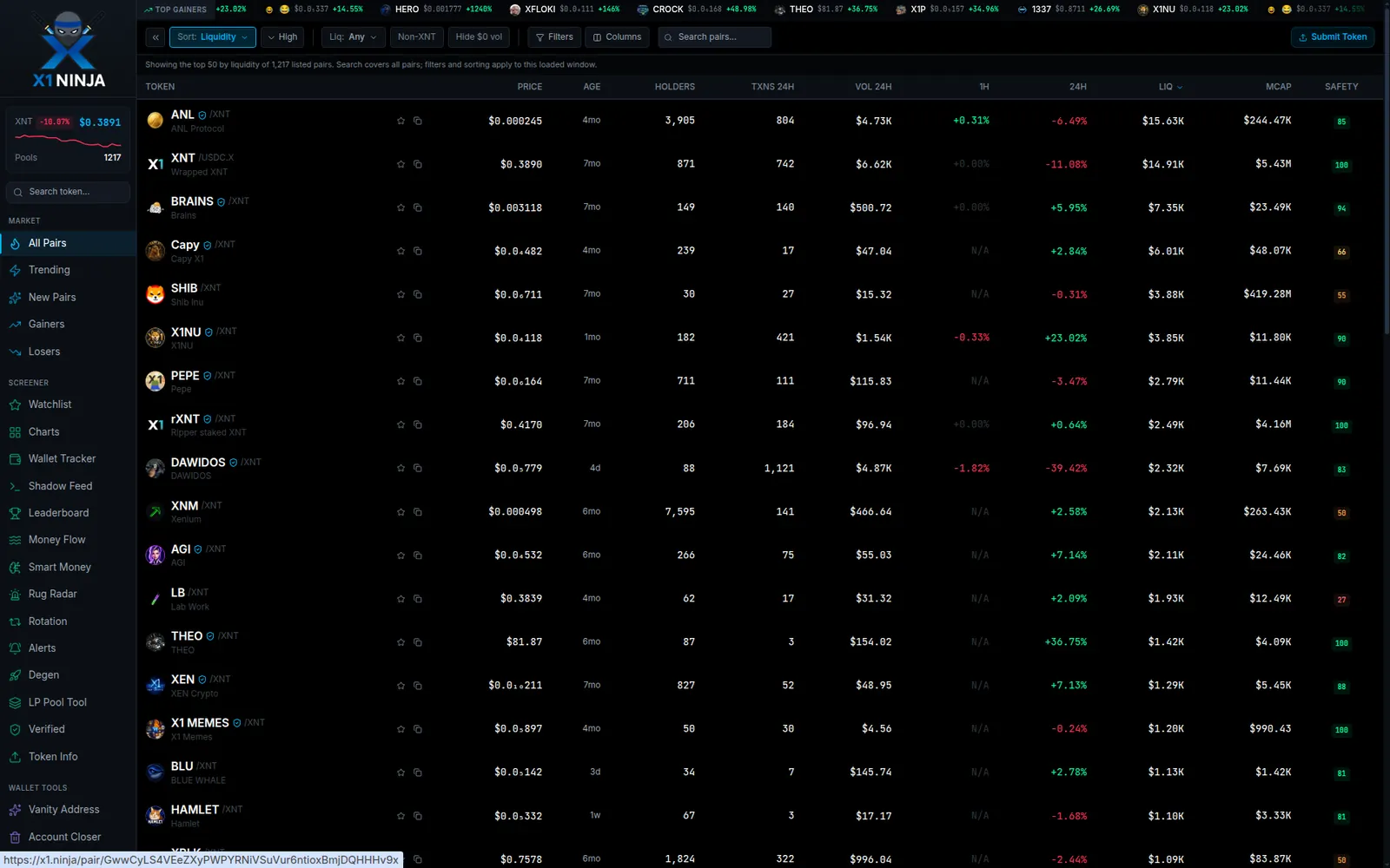 Live x1.ninja DEX screener showing XDEX pairs, liquidity, volume, and safety scores
