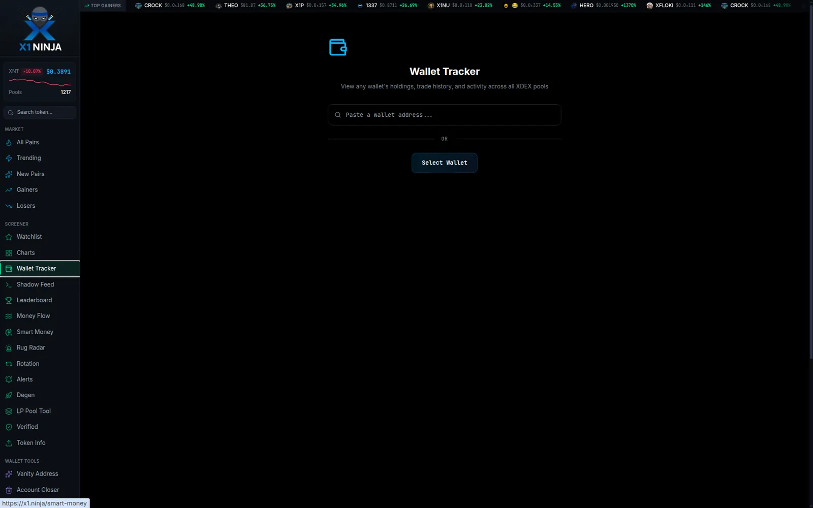 x1.ninja wallet tracker — paste an X1 address to inspect XDEX holdings and trades